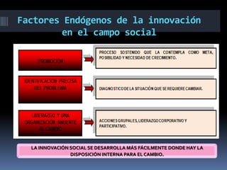 Factores Endógenos de la innovación
        en el campo social




  LA INNOVACIÓN SOCIAL SE DESARROLLA MÁS FÁCILMENTE DONDE HAY LA
                DISPOSICIÓN INTERNA PARA EL CAMBIO.
 