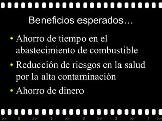 Beneficios esperados…
     • Ahorro de tiempo en el
       abastecimiento de combustible
     • Reducción de riesgos en la salud
       por la alta contaminación
     • Ahorro de dinero

>>     0   >>   1   >>   2   >>   3   >>   4   >>
 
