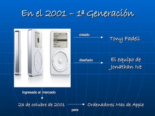 En el 2001 – 1ª Generación Tony Fadell creado El equipo de Jonathan Ive diseñado 23 de octubre de 2001 Ingresado al  mercado Ordenadores Mac de Apple para 