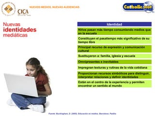 NUEVOS MEDIOS, NUEVAS AUDIENCIAS Nuevas  identidades  mediáticas Fuente:  Buckingham, D. (2005). Educación en medios. Barcelona: Paidós Están en el centro de la experiencia y permiten encontrar un sentido al mundo Proporcionan recursos simbólicos para distinguir, interpretar relaciones y definir identidades Impregnan texturas y rutinas de la vida cotidiana Omnipresentes e inevitables Sustituyeron a: familia, iglesia y escuela Principal recurso de expresión y comunicación cultural Constituyen el pasatiempo más significativo de su tiempo libre Niños pasan más tiempo consumiendo medios que en la escuela Identidad 