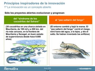 Enero 2009
Sólo los proyectos abiertos evolucionan y progresan
(El entorno cambió y bajó la marea. El
“pez saltarín del fango” corrió el riesgo,
miró fuera del agua, a lo lejos, y dio el
salto. Se habían inventado los anfibios)
al “pez saltarín del fango”
del “síndrome de los
cocodrilos del Sahara”
(30 cocodrilos en una charca aislada en
Mauritania, de 100 m2 y a 200 km. del
río más cercano, en la frontera de
Mauritania y Senegal, en buen estado
de supervivencia desde hace 9.000
años)
Principios inspiradores de la innovación
1º La innovación es un concepto abierto
 