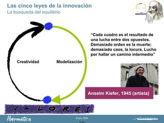 Enero 2009
Creatividad Modelización
“Cada cuadro es el resultado de
una lucha entre dos opuestos.
Demasiado orden es la muerte;
demasiado caos, la locura. Lucho
por hallar un camino intermedio”
Anselm Kiefer, 1945 (artista)
La búsqueda del equilibrio
Las cinco leyes de la innovación
 