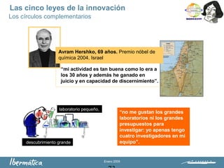 Enero 2009
Las cinco leyes de la innovación
Los círculos complementarios
“no me gustan los grandes
laboratorios ni los grandes
presupuestos para
investigar: yo apenas tengo
cuatro investigadores en mi
equipo”.
Avram Hershko, 69 años. Premio nóbel de
química 2004. Israel
“mi actividad es tan buena como lo era a
los 30 años y además he ganado en
juicio y en capacidad de discernimiento”.
descubrimiento grande
laboratorio pequeño,
 