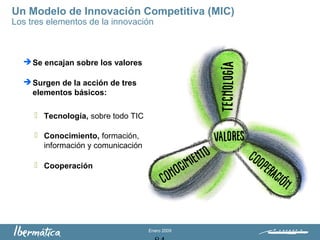 Enero 2009
Los tres elementos de la innovación
 Se encajan sobre los valores
 Surgen de la acción de tres
elementos básicos:
 Tecnología, sobre todo TIC
 Conocimiento, formación,
información y comunicación
 Cooperación
Un Modelo de Innovación Competitiva (MIC)
 