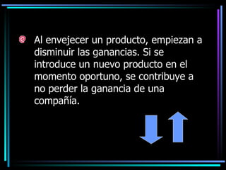 Al envejecer un producto, empiezan a disminuir las ganancias. Si se introduce un nuevo producto en el momento oportuno, se contribuye a no perder la ganancia de una compañía.