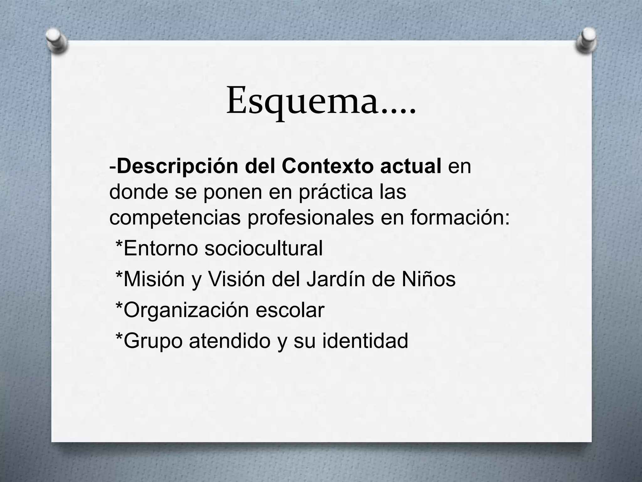 Esquema….
-Descripción del Contexto actual en
donde se ponen en práctica las
competencias profesionales en formación:
*Entorno sociocultural
*Misión y Visión del Jardín de Niños
*Organización escolar
*Grupo atendido y su identidad
 