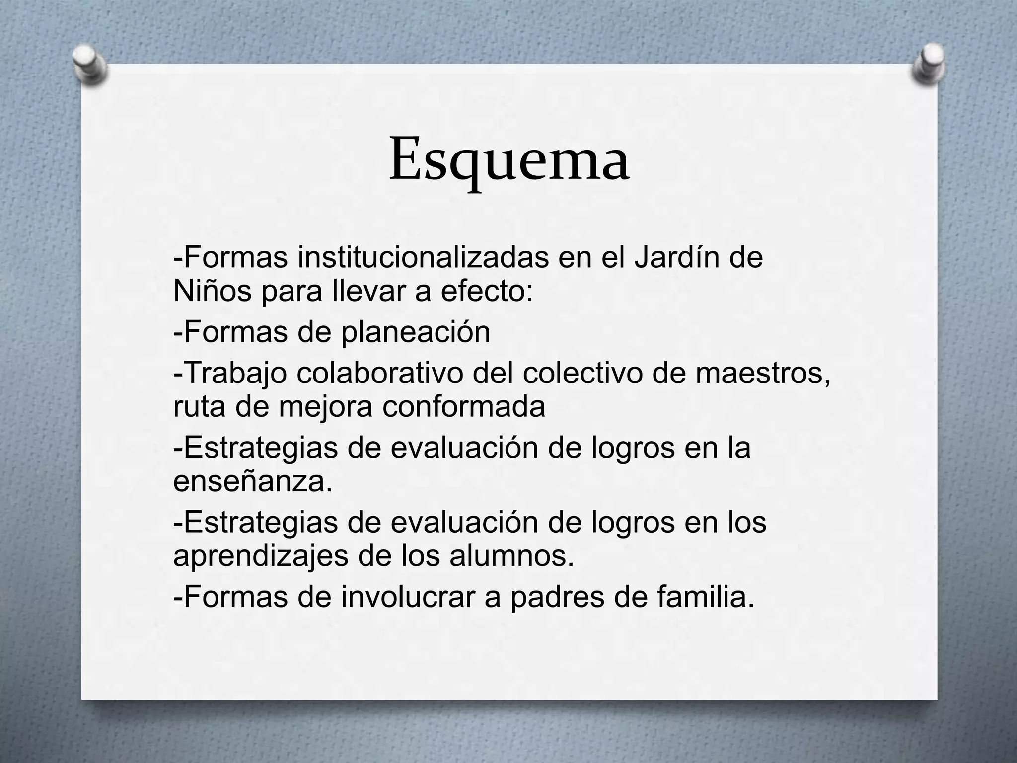 Esquema
-Formas institucionalizadas en el Jardín de
Niños para llevar a efecto:
-Formas de planeación
-Trabajo colaborativo del colectivo de maestros,
ruta de mejora conformada
-Estrategias de evaluación de logros en la
enseñanza.
-Estrategias de evaluación de logros en los
aprendizajes de los alumnos.
-Formas de involucrar a padres de familia.
 