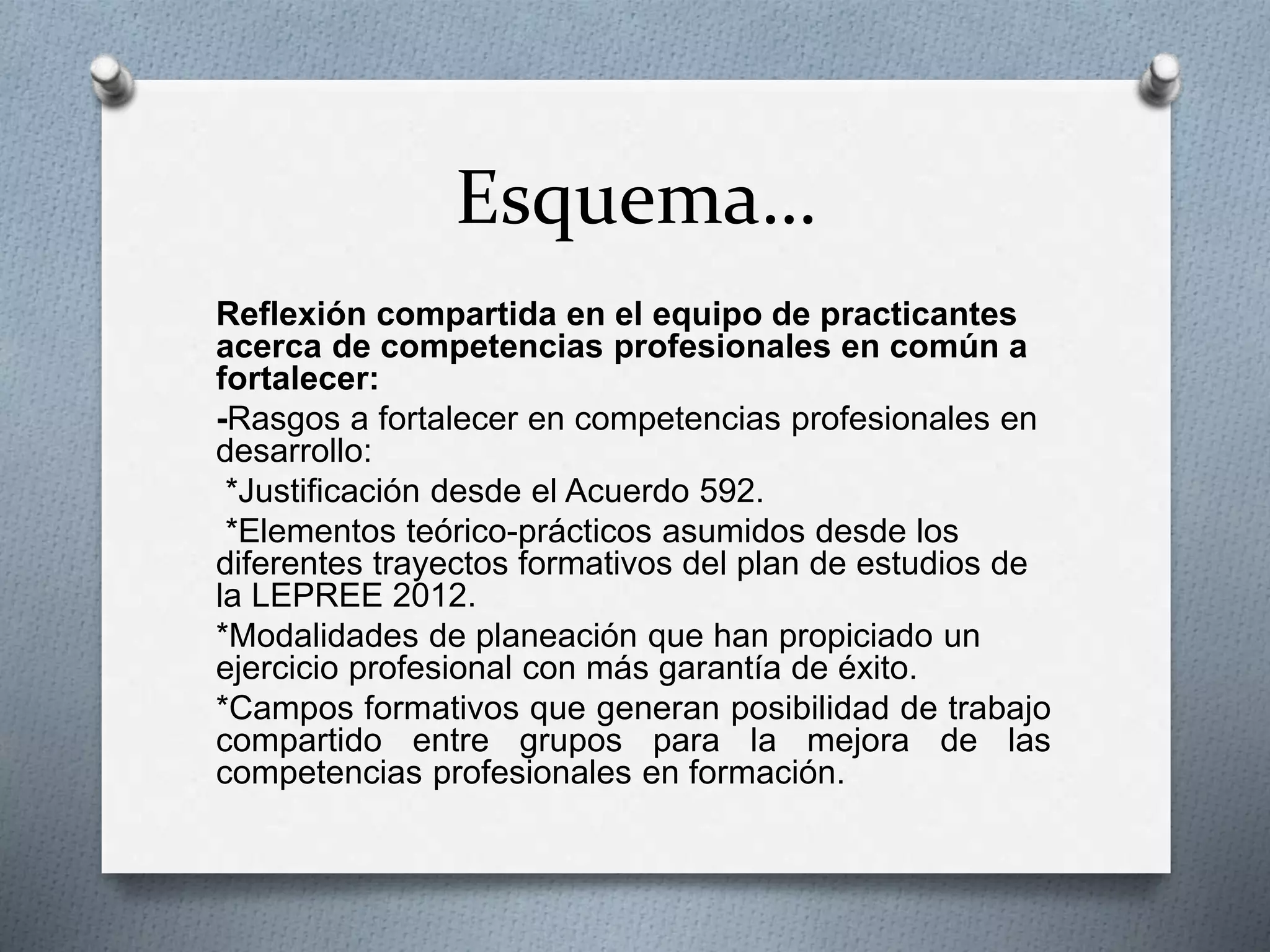 Esquema…
Reflexión compartida en el equipo de practicantes
acerca de competencias profesionales en común a
fortalecer:
-Rasgos a fortalecer en competencias profesionales en
desarrollo:
*Justificación desde el Acuerdo 592.
*Elementos teórico-prácticos asumidos desde los
diferentes trayectos formativos del plan de estudios de
la LEPREE 2012.
*Modalidades de planeación que han propiciado un
ejercicio profesional con más garantía de éxito.
*Campos formativos que generan posibilidad de trabajo
compartido entre grupos para la mejora de las
competencias profesionales en formación.
 