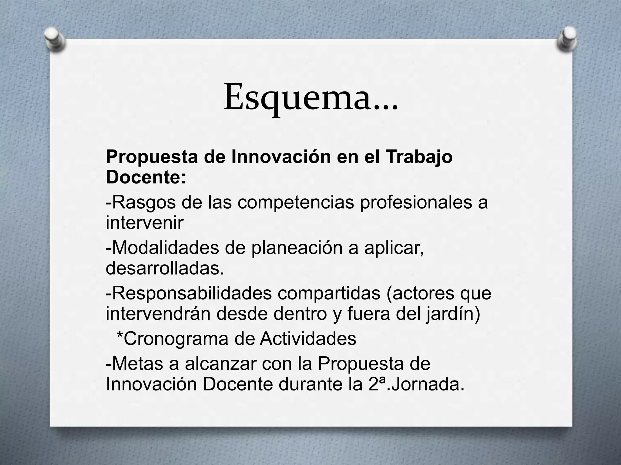 Esquema…
Propuesta de Innovación en el Trabajo
Docente:
-Rasgos de las competencias profesionales a
intervenir
-Modalidades de planeación a aplicar,
desarrolladas.
-Responsabilidades compartidas (actores que
intervendrán desde dentro y fuera del jardín)
*Cronograma de Actividades
-Metas a alcanzar con la Propuesta de
Innovación Docente durante la 2ª.Jornada.
 