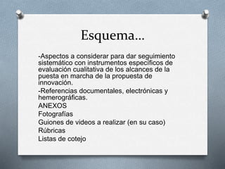 Esquema…
-Aspectos a considerar para dar seguimiento
sistemático con instrumentos específicos de
evaluación cualitativa de los alcances de la
puesta en marcha de la propuesta de
innovación.
-Referencias documentales, electrónicas y
hemerográficas.
ANEXOS
Fotografías
Guiones de videos a realizar (en su caso)
Rúbricas
Listas de cotejo
 