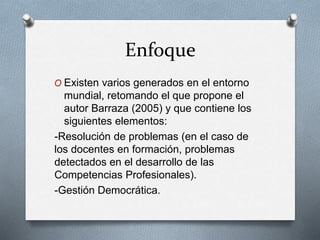 Enfoque
O Existen varios generados en el entorno
mundial, retomando el que propone el
autor Barraza (2005) y que contiene los
siguientes elementos:
-Resolución de problemas (en el caso de
los docentes en formación, problemas
detectados en el desarrollo de las
Competencias Profesionales).
-Gestión Democrática.
 