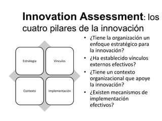 Innovation Assessment: los
cuatro pilares de la innovación
Estrategia Vínculos
Contexto Implementación
• ¿Tiene la organización un
enfoque estratégico para
la innovación?
• ¿Ha establecido vínculos
externos efectivos?
• ¿Tiene un contexto
organizacional que apoye
la innovación?
• ¿Existen mecanismos de
implementación
efectivos?
 