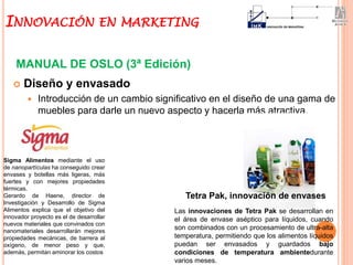  Diseño y envasado
 Introducción de un cambio significativo en el diseño de una gama de
muebles para darle un nuevo aspecto y hacerla más atractiva.
MANUAL DE OSLO (3ª Edición)
Tetra Pak, innovación de envases
Las innovaciones de Tetra Pak se desarrollan en
el área de envase aséptico para líquidos, cuando
son combinados con un procesamiento de ultra-alta
temperatura, permitiendo que los alimentos líquidos
puedan ser envasados y guardados bajo
condiciones de temperatura ambientedurante
varios meses.
INNOVACIÓN EN MARKETING
Sigma Alimentos mediante el uso
de nanopartículas ha conseguido crear
envases y botellas más ligeras, más
fuertes y con mejores propiedades
térmicas.
Gerardo de Haene, director de
Investigación y Desarrollo de Sigma
Alimentos explica que el objetivo del
innovador proyecto es el de desarrollar
nuevos materiales que convinados con
nanomateriales desarrollarán mejores
propiedades mecánicas, de barrera al
oxígeno, de menor peso y que,
además, permitan aminorar los costos
 