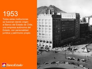 1953
Todas estas instituciones
se fusionan dando origen
al Banco del Estado de Chile,
una empresa autónoma del
Estado, con personalidad
jurídica y patrimonio propio.
 