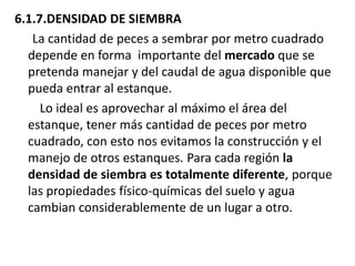 6.1.7.DENSIDAD DE SIEMBRA
   La cantidad de peces a sembrar por metro cuadrado
  depende en forma importante del mercado que se
  pretenda manejar y del caudal de agua disponible que
  pueda entrar al estanque.
     Lo ideal es aprovechar al máximo el área del
  estanque, tener más cantidad de peces por metro
  cuadrado, con esto nos evitamos la construcción y el
  manejo de otros estanques. Para cada región la
  densidad de siembra es totalmente diferente, porque
  las propiedades físico-químicas del suelo y agua
  cambian considerablemente de un lugar a otro.
 