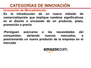 CATEGORÍAS DE INNOVACIÓN
Innovación de Mercadotecnia
Es la introducción de un nuevo método de
comercialización que implique cambios significativos
en el diseño o envasado de un producto, plaza,
promoción o precio

•Persiguen acercarse a las necesidades del
consumidor,   abriendo   nuevos     mercados,   o
posicionando un nuevo producto de la empresa en el
mercado
 