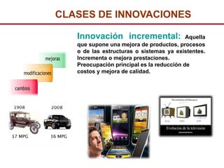 CLASES DE INNOVACIONES

   Innovación incremental:                 Aquella
   que supone una mejora de productos, procesos
   o de las estructuras o sistemas ya existentes.
   Incrementa o mejora prestaciones.
   Preocupación principal es la reducción de
   costos y mejora de calidad.
 