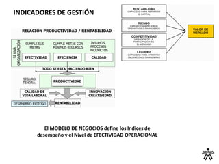 INDICADORES DE GESTIÓN
El MODELO DE NEGOCIOS define los Indices de
desempeño y el Nivel de EFECTIVIDAD OPERACIONAL
 