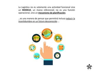La Logística no es solamente una actividad funcional sino
un MODELO, un marco referencial; no es una función
operacional, sino un mecanismo de planificación;
…es una manera de pensar que permitirá incluso reducir la
incertidumbre en un futuro desconocido …
 