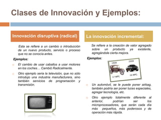 Clases de Innovación y Ejemplos:

Innovación disruptiva (radical)                     La innovación incremental:

    Esta se refiere a un cambio o introducción          Se refiere a la creación de valor agregado
    de un nuevo producto, servicio o proceso            sobre     un    producto    ya    existente,
    que no se conocía antes.                            agregándole cierta mejora.

Ejemplos:                                           Ejemplos:
   El cambio de usar caballos a usar motores
    en los coches… Cambió Radicalmente.
   Otro ejemplo seria la televisión, que no sólo
    introdujo una industria manufacturera, sino
    también servicios de programación y
    transmisión.                                       Un automóvil, se le puede poner airbag,
                                                        también podría ser poner luces especiales,
                                                        agregar tecnología, etc.
                                                       Otro ejemplo totalmente diferente al
                                                        anterior,     podrían     ser     los
                                                        microprocesadores, que serán cada día
                                                        más pequeños, más poderosos y de
                                                        operación más rápida.
 
