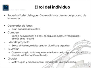 El rol del individuo
• Roberts y Fusfel distinguen 5 roles distintos dentro del proceso de
  innovación.

• Generador de ideas
   – Gran capacidad creativa
• Campeón
   – Vende nuevas ideas a otros, consigue recursos, involucra a los
     demás en la “causa”
• Líder de proyecto
   – Ejerce el liderazgo del proyecto. planifica y organiza.
• Guardián
   – Observa y vigila todo lo que sucede fuera de la organización, y
     difunde la información obtenida.
• Director
   – Motiva, guía y proporciona el respaldo de la organización
                                                                        29
 