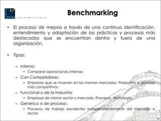 Benchmarking
• El proceso de mejora a través de una continua identificación,
  entendimiento y adaptación de las prácticas y procesos más
  destacados que se encuentran dentro y fuera de una
  organización.

• Tipos:

   – Interno:
       • Comparar operaciones internas
   – Con Competidores:
       • Empresas que se mueven en los mismos mercados. Productos o servicios
         más competitivos
   – Funcional o de la Industria:
       • Empresas de mismo sector y mercado. Procesos, tecnología
   – Genérico o de proceso:
       • Procesos de trabajo excelentes independientemente del mercado o
         sector
                                                                                43
 