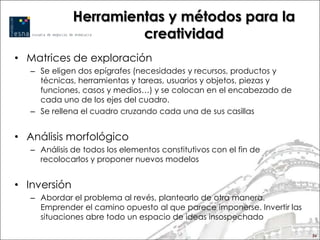 Herramientas y métodos para la
                       creatividad
• Matrices de exploración
   – Se eligen dos epígrafes (necesidades y recursos, productos y
     técnicas, herramientas y tareas, usuarios y objetos, piezas y
     funciones, casos y medios…) y se colocan en el encabezado de
     cada uno de los ejes del cuadro.
   – Se rellena el cuadro cruzando cada una de sus casillas


• Análisis morfológico
   – Análisis de todos los elementos constitutivos con el fin de
     recolocarlos y proponer nuevos modelos


• Inversión
   – Abordar el problema al revés, plantearlo de otra manera.
     Emprender el camino opuesto al que parece imponerse. Invertir las
     situaciones abre todo un espacio de ideas insospechado

                                                                         56
 