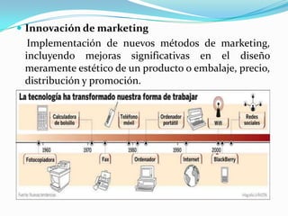  Innovación de marketing
Implementación de nuevos métodos de marketing,
incluyendo mejoras significativas en el diseño
meramente estético de un producto o embalaje, precio,
distribución y promoción.
 