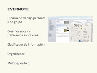 Espacio de trabajo personal
y de grupo
Creamos notas y
trabajamos sobre ellas
Clasificador de información
Organizador
Multidispositivo
EVERNOTE
 
