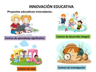 INNOVACIÓN EDUCATIVA
Proyectos educativos innovadores:
Centros de desarrollo integral
Centros de aprendizaje significativo
Centros de vida Centros de investigación
 