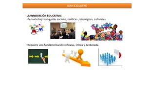 JUAN ESCUDERO
LA INNOVACIÓN EDUCATIVA:
•Pensada bajo categorías sociales, políticas , ideológicas, culturales.
•Requiere una fundamentación reflexiva, crítica y deliberada.
 