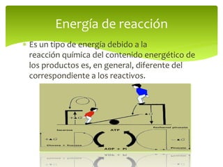  Es un tipo de energía debido a la
reacción química del contenido energético de
los productos es, en general, diferente del
correspondiente a los reactivos.
Energía de reacción
 