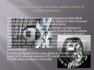 La Unión Europea quiere estimular con medidas legislativas el desarrollo de
neumáticos no contaminantes que sean, además, capaces de reducir el consumo
de combustible, la siniestralidad y la contaminación sonora.
Se trata de ruedas tecnológicamente más sofisticadas y que disminuyen la
fricción con el pavimento y, por tanto, el consumo de combustible. Las emisiones
de ruido también se reducen con los nuevos prototipos, además de mejorar la
seguridad.
La UE premiará los nuevos modelo de neumático con la imposición de un sistema
de etiquetado que, a partir de 2012, especificará el consumo energético y
clasificará las ruedas en función de su eficiencia, adherencia en mojado y
generación de ruido.
El sistema de etiquetado evitaría, según cálculos de la Comisión Europea, la
emisión de 20 millones de toneladas de CO2 en los 27 países de la UE y un ahorro
de 13.000 millones de dólares en combustible.
 