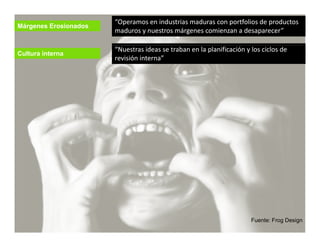 “Operamos en industrias maduras con portfolios de productos 
Márgenes Erosionados
                       maduros y nuestros márgenes comienzan a desaparecer”

                       “Nuestras ideas se traban en la planificación y los ciclos de 
Cultura interna
                       revisión interna”




                                                                       Fuente: Frog Design
 