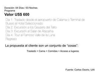 Duración: 04 Días / 03 Noches
Programa
Valor US$ 600
Día 1: Traslado desde el aeropuerto de Calama o Terminal de
Buses al Hotel Seleccionado
Día 2: Excursión a los Geysers del Tatio
Día 3: Excursión al Salar de Atacama
Día 4: Tour al Famoso Valle de la Luna
Regreso
Traslado + Cama + Comidas + Acceso a lugares
Fuente: Carlos Osorio, UAI
La propuesta al cliente son un conjunto de “cosas”:
 