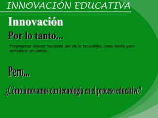 INNOVACIÓN EDUCATIVA



Proponemos innovar haciendo uso de la tecnología, como medio para
introducir un cambio.
 