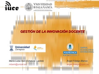 GESTIÓN DE LA INNOVACIÓN DOCENTE
Ángel Fidalgo Blanco
angel.fidalgo@upm.es
María Luisa Sein-Echaluce Lacleta
mlsein@unizar.es
 