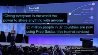 Mark Zuckerberg
Apr 12, 2016
F8 Facebook Developers Conference
www.fbf8.com
“Giving everyone in the world the
power to sha...