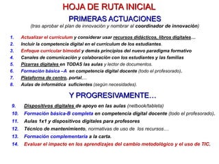 La comunicación y colaboración con las familias se realizará a través de múltiples
canales y actividades:
• Presenciales:
• Reuniones: varias durante el curso, para informar sobre lo que se hace y las
normas, elegir padres delegados de curso, turno abierto de palabras…
• Tutorías con asistencia de los padres: a principio y final de curso, y cuando
sea necesario (para obtener información sobre sus alumnos, sus logros y
problemas, para coordinar lo que hacen familia y escuela…)
• Colaboración en la realización de actividades: celebraciones, semana cultural,
día de puertas abiertas, actividades en clase (hablar de sus oficios, grupos
interactivos…)
• Actividades del AMPA: organizar extraescolares, reuniones con los padres y el
equipo directivo (Consejo Escola)
• Sesiones de formación y orientación a las familias
• On-line
• e-mail, whatsApp, redes sociales (Twitter, Facebook…), YouTube…
• Web y plataforma de centro: .noticias, gestiones (comedor, enfermedad…)
• Y lo tradicional: teléfono, SMS, agenda del alumno, circulares por correo, tablón de
La colaboración imprescindible: las familias
PereMarquès(2017)
 
