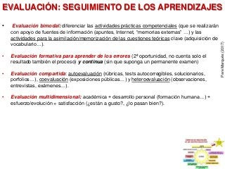 EVALUACIÓN: SEGUIMIENTO DE LOS APRENDIZAJES
• Evaluación bimodal: diferenciar las actividades prácticas competenciales (que se realizarán
con apoyo de fuentes de información (apuntes, Internet, “memorias externas” …) y las
actividades para la asimilación/memorización de las cuestiones teóricas clave (adquisición de
vocabulario…).
• Evaluación formativa para aprender de los errores (2ª oportunidad, no cuenta solo el
resultado también el proceso) y continua (sin que suponga un permanente examen)
• Evaluación compartida: autoevaluación (rúbricas, tests autocorregibles, solucionarios,
porfolios…), coevaluación (exposiciones públicas…) y heteroevaluación (observaciones,
entrevistas, exámenes…).
• Evaluación multidimensional: académica + desarrollo personal (formación humana…) +
esfuerzo/evolución + satisfacción (¿están a gusto?, ¿lo pasan bien?).
PereMarquès(2017)
 