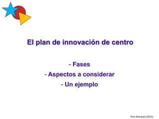 Pere Marquès (2015)
ÁMBITOS DE INNOVACIÓN EN UN CENTRO
Actualización
Curricular
QUÉ ENSEÑAR
+ ORG. CURRÍCULUM
Colaboración
con Familias
y Alumnos
TUTORÍA
Renovación
Metodológica y
de la Evaluación
CÓMO ENSEÑAR Y
APRENDER
Integración
Tecnológica
QUÉ RECURSOS
+ INFRAESTRUCTURAS
Formación
y apoyo al
Profesorado
COMPROMISO
DE EQUIPO
Dirección
competente y
comprometida
LIDERA LA INNOVACIÓN
EJES
AGENTES
 