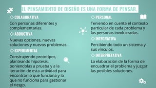 ◇COLABORATIVA
Con personas diferentes y
complementarias.
◇ABDUCTIVA
Nuevas opciones, nuevas
soluciones y nuevos problemas.
◇EXPERIMENTAL
Construyendo prototipos,
planteando hipotesis,
poniendolas a prueba y a la
iteración de esta actividad para
encontrar lo que funciona y lo
que no funciona para gestionar
el riesgo.
EL PENSAMIENTO DE DISEÑO ES UNA FORMA DE PENSAR.
◇PERSONAL
Teniendo en cuenta el contexto
particular de cada problema y
las personas involucradas.
◇INTEGRATIVA
Percibiendo todo un sistema y
sus vínculos.
◇INTERPRETATIVA
La elaboración de la forma de
encuadrar el problema y juzgar
las posibles soluciones.
 