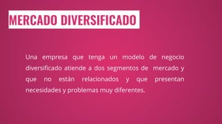 MERCADO DIVERSIFICADO
Una empresa que tenga un modelo de negocio
diversificado atiende a dos segmentos de mercado y
que no están relacionados y que presentan
necesidades y problemas muy diferentes.
 