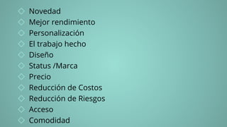 ◇ Novedad
◇ Mejor rendimiento
◇ Personalización
◇ El trabajo hecho
◇ Diseño
◇ Status /Marca
◇ Precio
◇ Reducción de Costos
◇ Reducción de Riesgos
◇ Acceso
◇ Comodidad
 