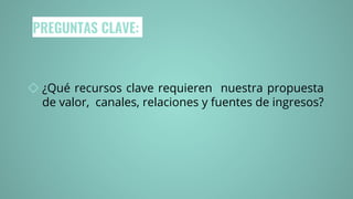 PREGUNTAS CLAVE:
◇ ¿Qué recursos clave requieren nuestra propuesta
de valor, canales, relaciones y fuentes de ingresos?
 