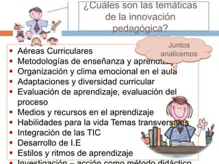 ¿Cuáles son las temáticas
                        de la innovación
                          pedagógica?
                                          Juntos
   Aéreas Curriculares                 analicemos
   Metodologías de enseñanza y aprendizaje
   Organización y clima emocional en el aula
   Adaptaciones y diversidad curricular
   Evaluación de aprendizaje, evaluación del
    proceso
   Medios y recursos en el aprendizaje
   Habilidades para la vida Temas transversales
   Integración de las TIC
   Desarrollo de I.E
   Estilos y ritmos de aprendizaje
 