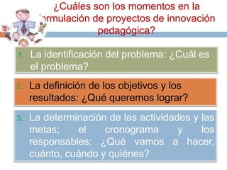 ¿Cuáles son los momentos en la
      formulación de proyectos de innovación
                   pedagógica?

1.   La identificación del problema: ¿Cuál es
     el problema?
2.   La definición de los objetivos y los
     resultados: ¿Qué queremos lograr?
3.   La determinación de las actividades y las
     metas;    el    cronograma       y    los
     responsables: ¿Qué vamos a hacer,
     cuánto, cuándo y quiénes?
 