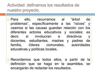 Actividad: definamos los resultados de
nuestro proyecto.

   Para     ello,     recurramos     al    “árbol    de
    problemas”, específicamente a las “raíces” y
    veamos si las causas guardan relación con los
    diferentes actores educativos y sociales; es
    decir,    si     involucran     a    directivos    y
    docentes, estudiantes, madres y padres de
    familia,     líderes     comunales,      autoridades
    educativas y políticas locales.

   Recordemos que todos ellos, a partir de la
    definición que se haga en la asamblea, se
    encargarán de redactar los resultados.
 