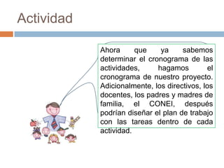Actividad

            Ahora      que    ya     sabemos
            determinar el cronograma de las
            actividades,     hagamos          el
            cronograma de nuestro proyecto.
            Adicionalmente, los directivos, los
            docentes, los padres y madres de
            familia, el CONEI, después
            podrían diseñar el plan de trabajo
            con las tareas dentro de cada
            actividad.
 