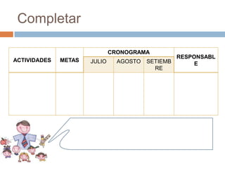 Completar

                              CRONOGRAMA
                                                 RESPONSABL
ACTIVIDADES   METAS   JULIO     AGOSTO   SETIEMB      E
                                           RE
 